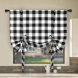 Simple Deluxe Buffalo Check Gathered Window Curtain Pair of 2 -Plaid Light